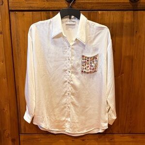 White Button-Up Shirt with Embellished Pocket